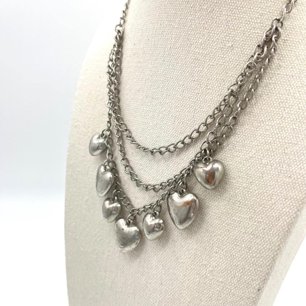 Silver Tone Multi Strand Heart Charm Necklace Layered‎ Choker Style - Picture 2 of 7